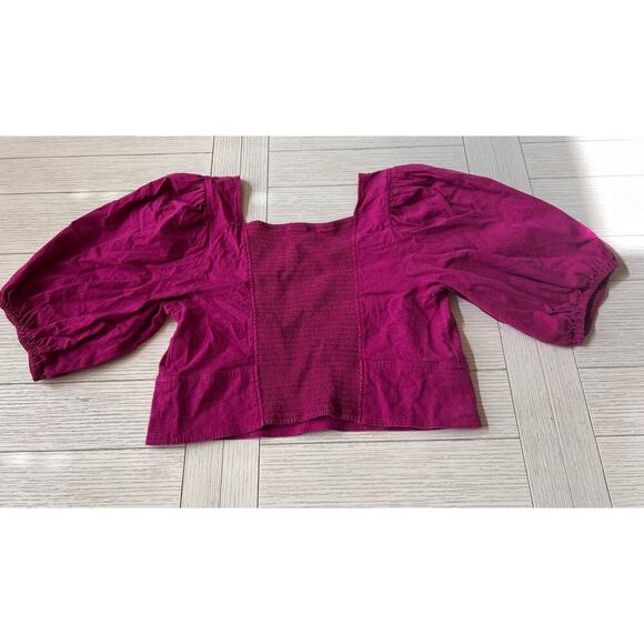 Express linen blend crop top w/ bubble sleeves, smocked back in berry pink. XL - Picture 6 of 7